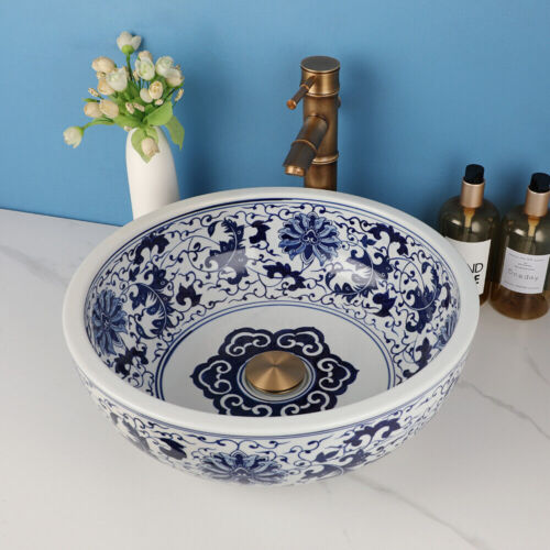 18"Round Ceramic Bathroom Sink Flower Vanity Basin Mixer Antique Brass Drain Tap - Picture 6 of 11