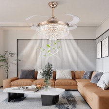 42" Invisible LED Ceiling Fan Light Crystal Retractable Chandelier Lamp W/Remote