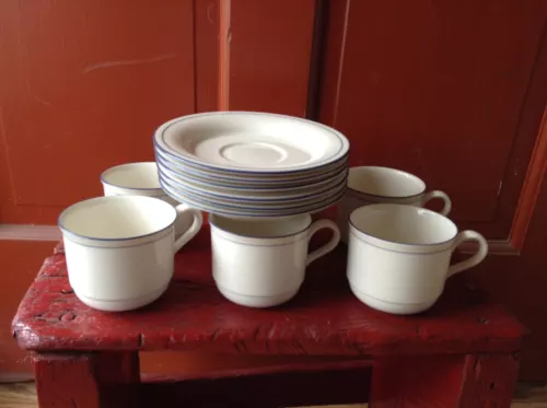 Lenox Chinastone 'Sky Blue Pinstripes'  6 Coffee or Tea Cups W/ 6 Saucers 12Pcs