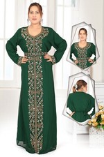 Designer Moroccan Arabic Party Kaftan Green Royal Gold Crystal Work For Women