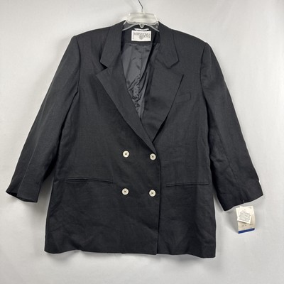Vintage International Scene Blazer Womens size 16 Linen Black Double Breasted