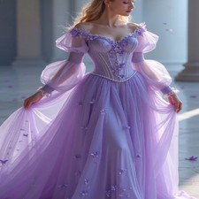 Lilac Medieval Prom Dress With Flowers Long Sleeve Beaded Fairy Evening Dresses