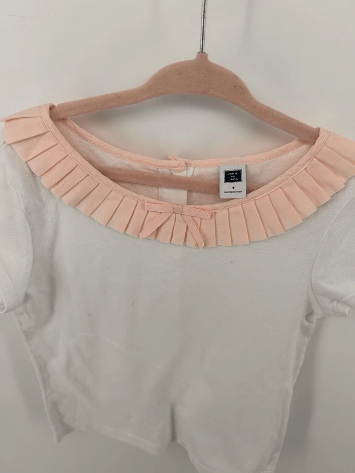 Janie And Jack Girls 100% Cotton White Shirt Pink Pleated Ruffle Collar SZ 7 - Image 3 of 4