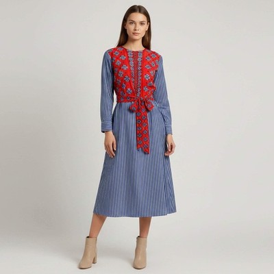 Sandro BlueRed Multicolor Printed Crepe Pin Stripe Cotton Midi Dress M