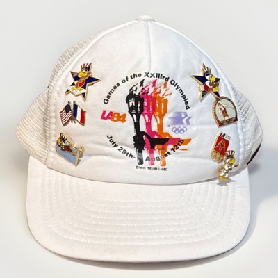 Vintage USA Los Angeles 1984 Olympics LA84 Official White Cap w 80s Metal Pins