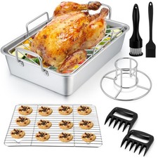 P&P CHEF Roasting Pan Set (8 PCS), 14 Inch Stainless Small, Silver, Black