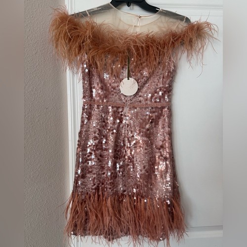 Antonio Melani x Nicola Bathie Rose Gold Emilia Sequined Feather Dress sz2 silk - Picture 5 of 9
