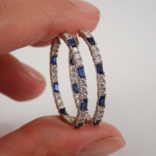 Baguette Blue Sapphire Diamond Hoop Women's Bridal Earrings 14k White Gold Over