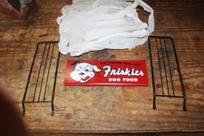 RARE 1950s FRISKIES DOG FOOD 3-PC PAINTED WIRE END DOOR PUSH BAR SIGN PET STORE