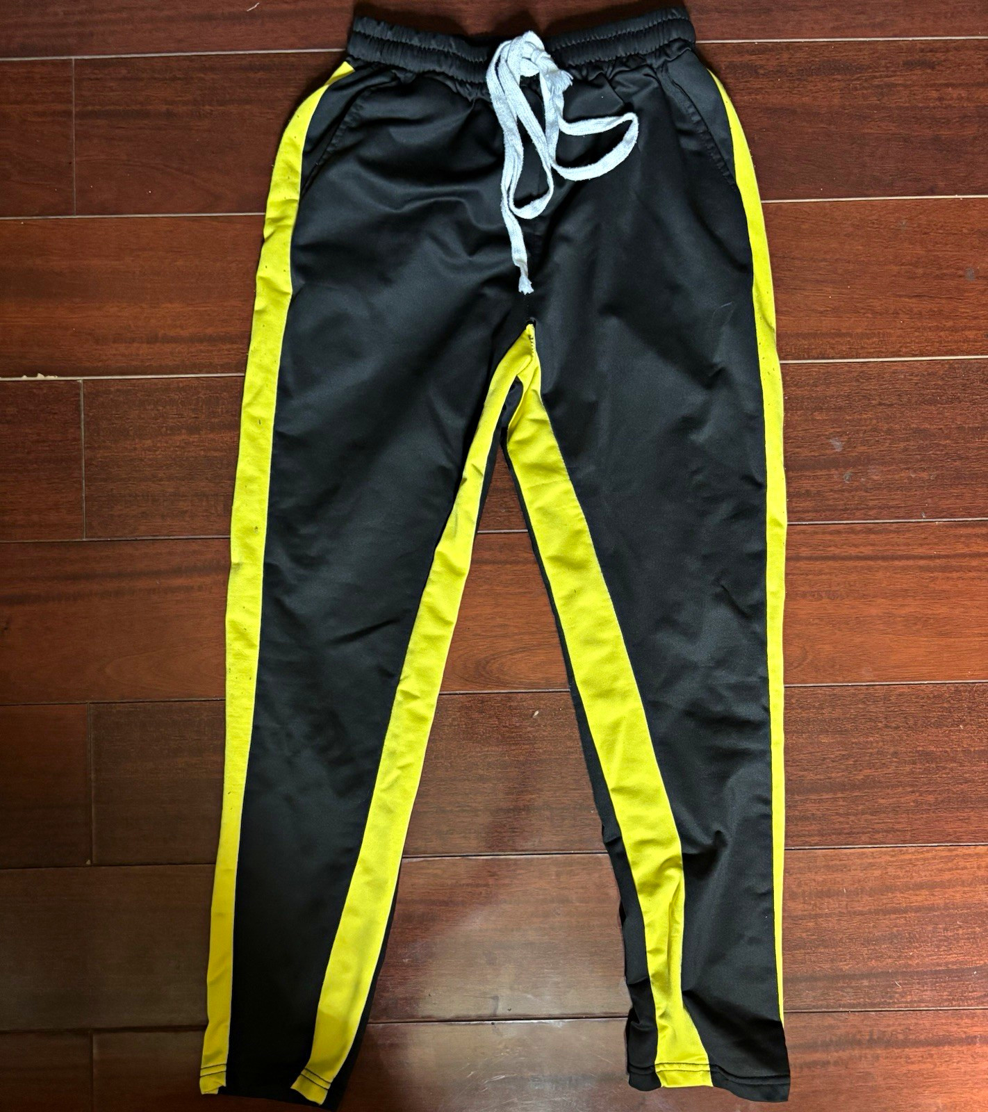 Men's Black Track Pants Yellow Side Stripe Slim Tapered Drawstring M
