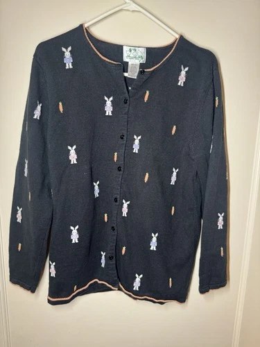 Vintage Quacker Factory Easter Sweater Womens medium Black Bunny Embroidered