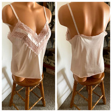 VTG 70's VANITY FAIR PINK W/ CHEVRON LACE YOKE CAMISOLE SLIP TOP SZ 36