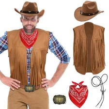 5 PCS Cowboy Outfit for Men-Western Costume Set Hat Necklace Medium Brown
