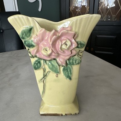 Vintage McCoy Wild Rose, Fish Tail Shaped Vase 1940's - Yellow