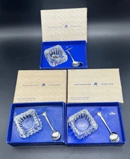 Vtg WESTMORLAND Enchanting Orchid Crystal Salt Cellar & Sterling Spoon X3