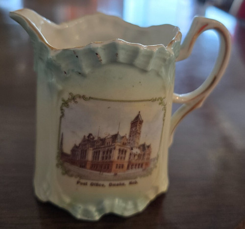 Antique Porcelain Souvenir Pitcher, Post Office, Omaha, Nebraska, 19th Century
