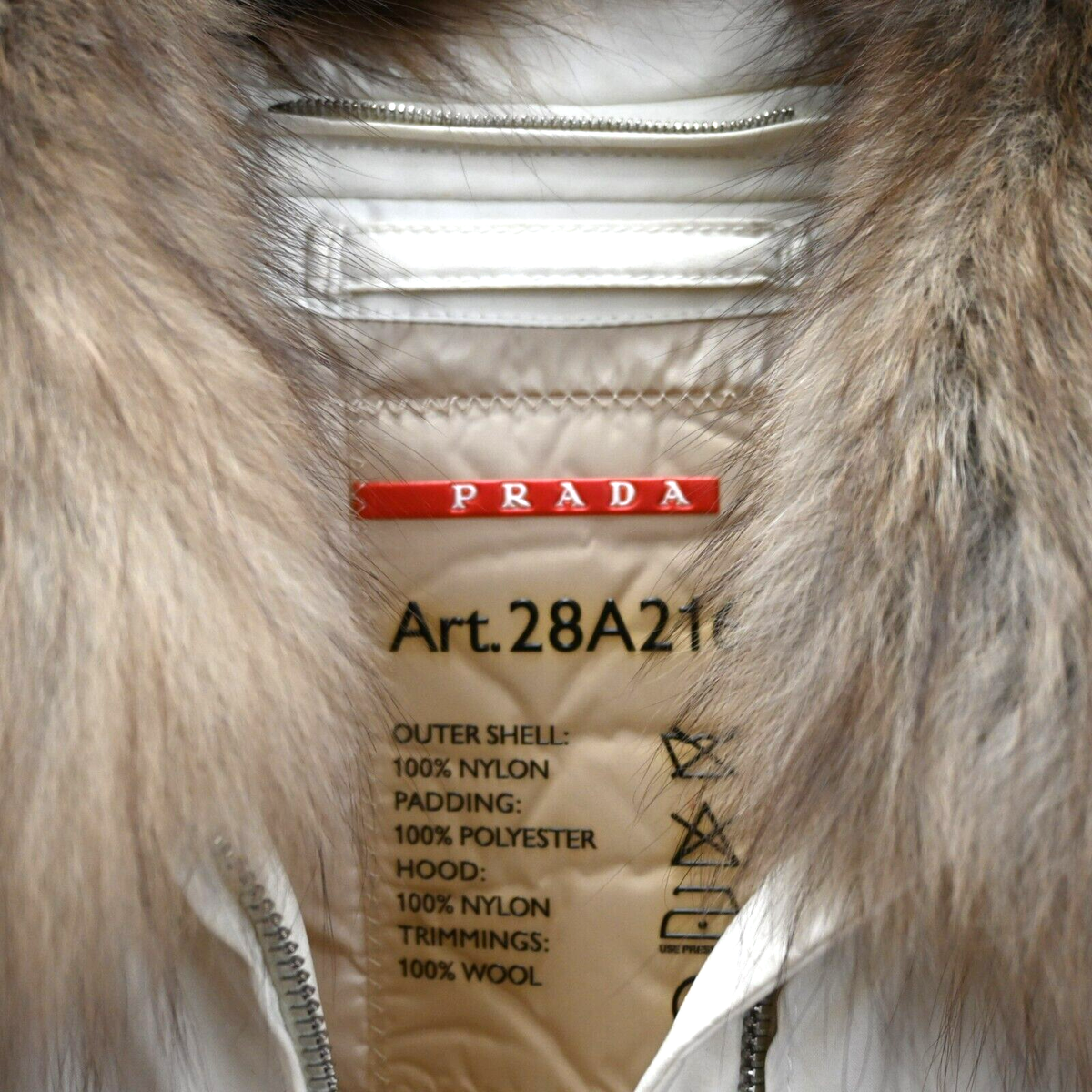 Prada | White Fur Trimmed Hooded Zip Up Jacket Size: Appr. Medium