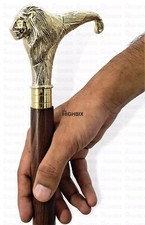 Brass Lion Handle Inlaid Wooden Walking Cane 37" Long Grandpa/Grandma/Christmas.