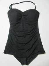 Kona Sol Women Size M One Piece Swimsuit Black Wireless Lined Cup Crochet Halter