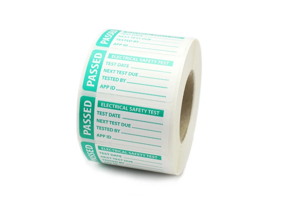 LABEL METRICS 1000 x Passed PAT Test Labels, 50mm x 25mm. Produced on Gloss white PP.