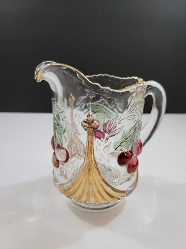 Vtg Clear Pressed Embossed Glass Open Sugar, Creamer, Spoon Set Cherries AS IS - Picture 8 of 23