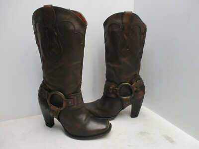 Justin Brown Leather Harness High Heel Biker Boots Womens Size 7 B Style PJ1008