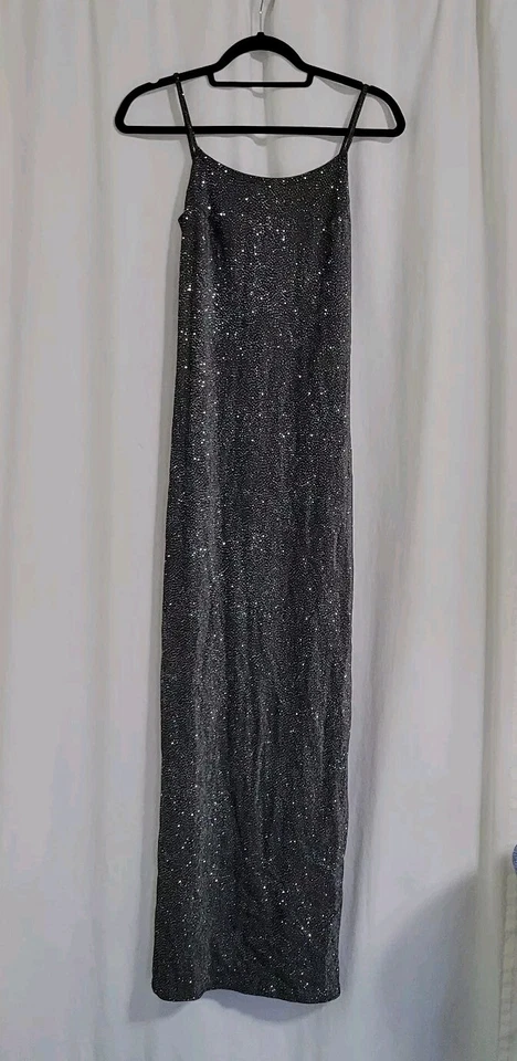 Maxi Vestido De Colección Y2K Salto Brilla Años 90 Año Nuevo Vacaciones Negro Sexy Talla 7/8 Foto 2 de 4