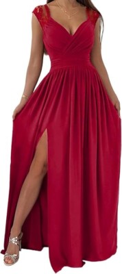 Dokotoo Womens Formal Dress Wrap V-Neck Ruched Maxi Dress Red Large