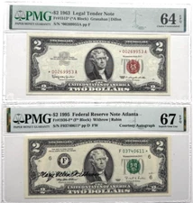 PAIR OF TWO STAR 2$ PMG 64/67 EPQ 1963/1995 COURTSEY AUTOGRAPH 9953A/0611