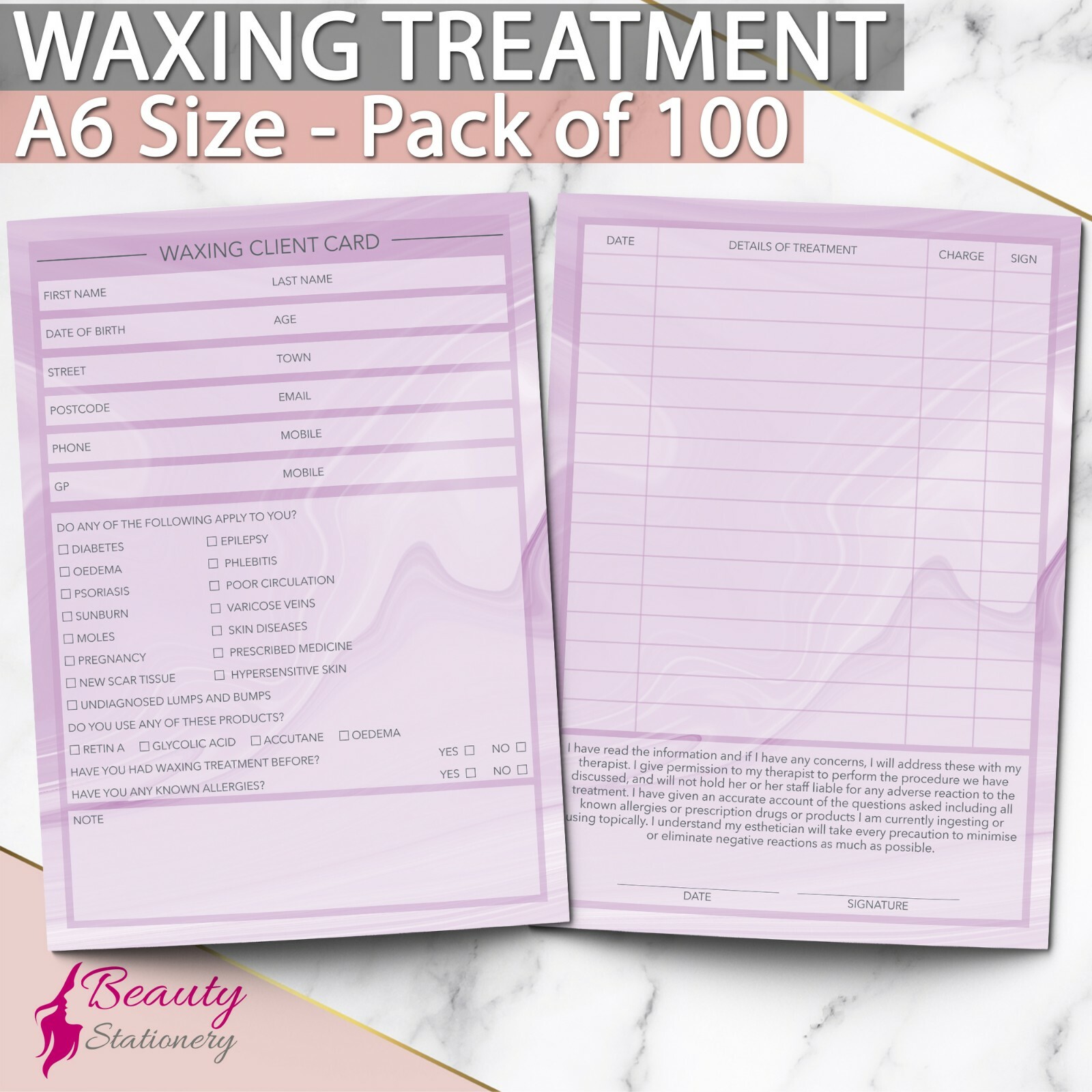 Waxing Client Record Card Consultation Form PREMIUM Lash Salon x100