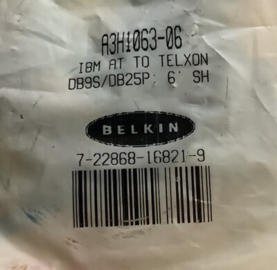 Belkin A3H1063-06 IBM AT To Telxon Cable DB9D/DB25S 6  SH ,Brand NEW