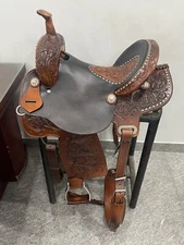 Western Two Tone Leather Hand Carved Barrel Saddle With Buckstitch : 14,16,17