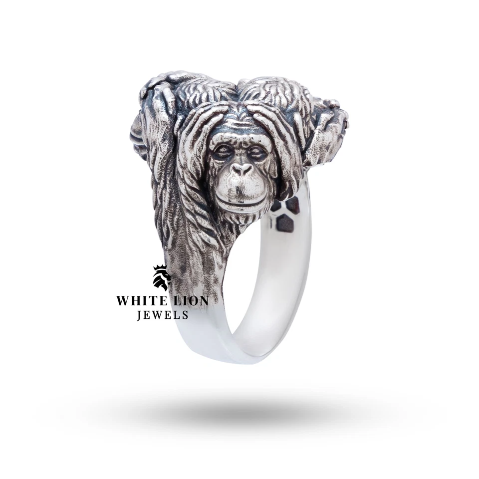 Three Wise Monkeys No Evil Speak Hear See 925 Silver Oxidized Men Biker Ring - Image 2 of 4