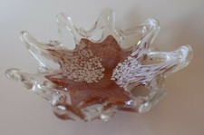 Murano-Style Hand Blown, Stretched, Art Glass Bowl Clear White Brown
