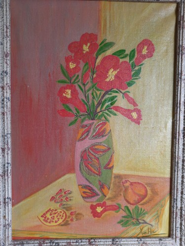 Ein katalanisches Gemälde aus Spanien mit dem Titel Granatapfelblume, Öl auf Leinwand, signiert - Bild 3 von 12