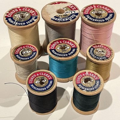 VTG Thread Wooden Spools Lot Of 8 Coats and Clark Mercerized Boilfast For Decor