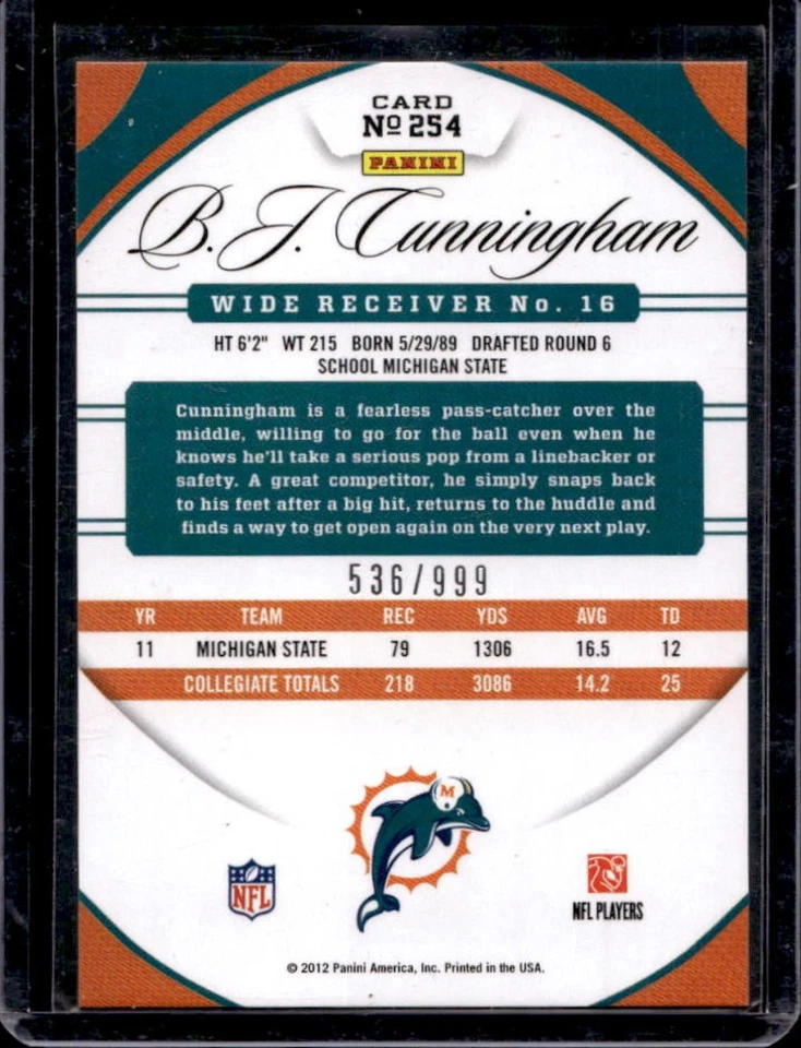 2012 Panini Certified B.J. Cunningham Rookie RC #536/999 Dolphins - Image 2 of 2