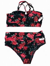 Torrid 3X NWT Black Red Floral Bikini Set High Waist Ruched Strappy Swim Suit