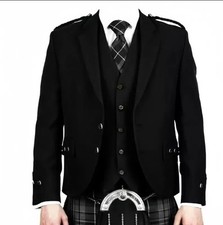Scottish Black Wool Argyle Kilt Jacket and Waistcoat Wedding Kilt Jacket For Men