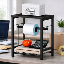 2-TierWooden Label Holder  Side Table Black Printer Stand with Basket Organizer