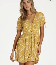 Billabong Yellow Floral Mini Dress Button Up SZ-Medium 100% Vicose