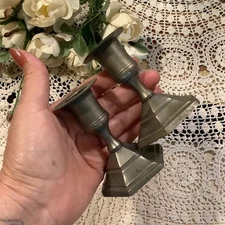 Vintage Cost Plus silver metal tarnished brutalist tapper candle holders 3 1/4"