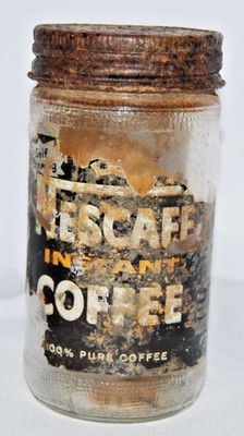Vtg 1940s Nescafe Instant Coffee 2 oz Glass Jar with Rare Self-Brewing Metal Lid