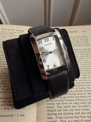 Code Quartz Analog Wristwatch Silver Dial Black Leather Rectangle Stainless Ste 