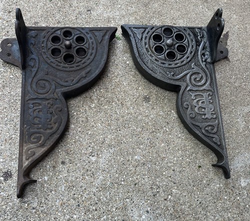 Antique Ornate Cast Iron Line Library ladder Wheel Pulley Brackets RARE