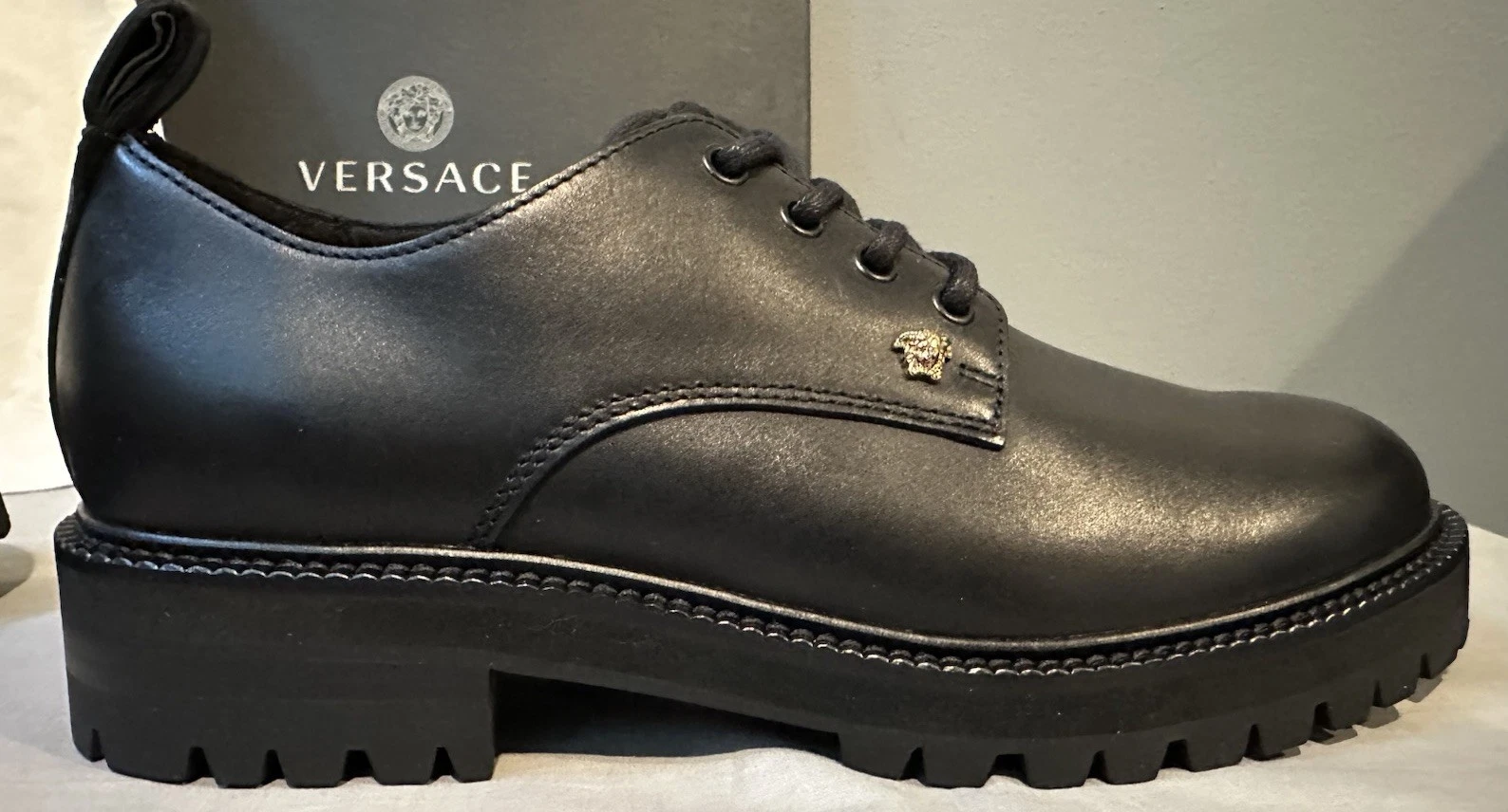 Versace La Medusa scarpe eleganti derby in pelle nera da uomo taglia 40 (US 7) autentiche