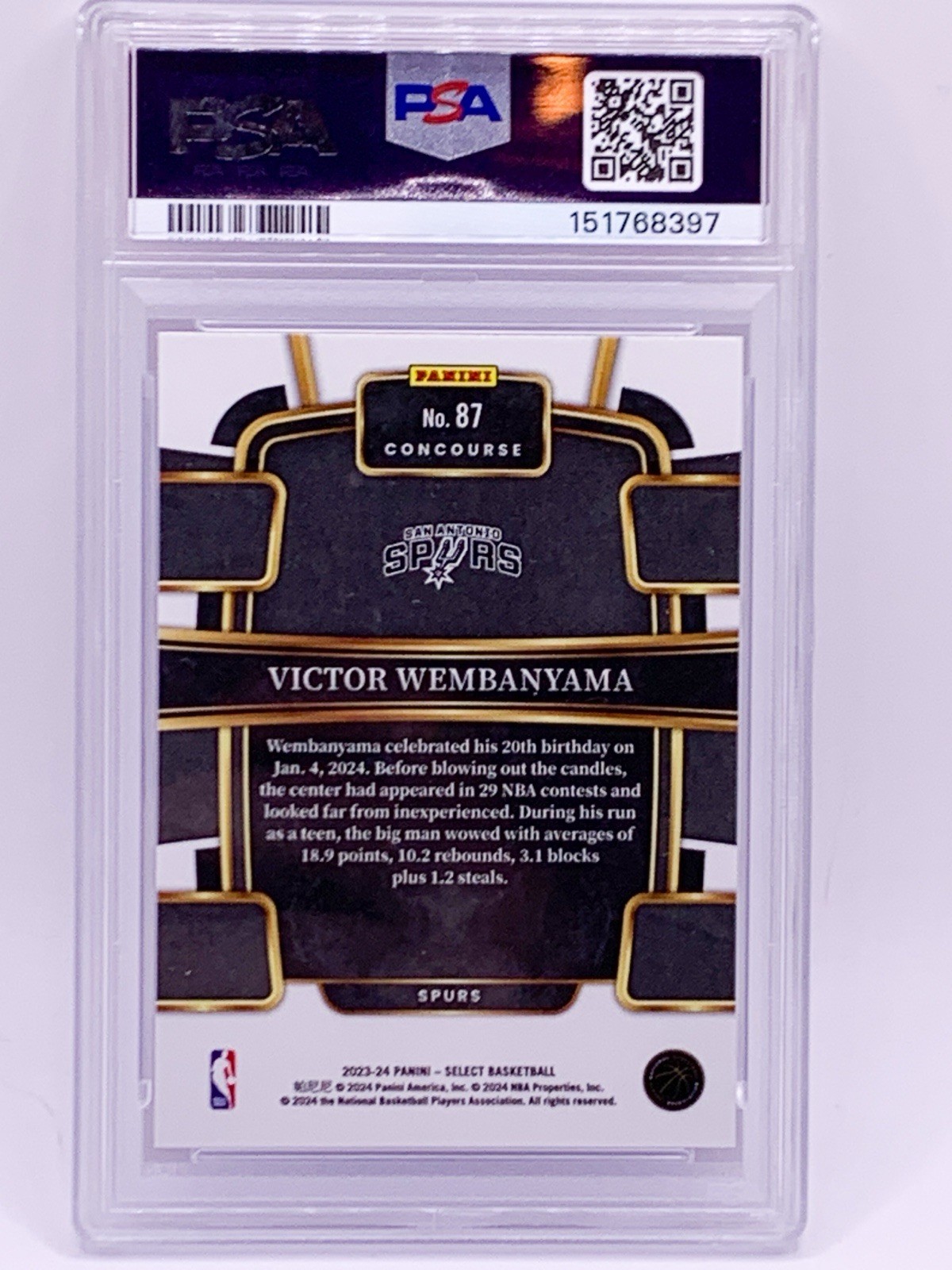 2023-24 Panini Select Victor Wembanyama Blue Prizm RC #87 PSA 10 GEM MINT view 2