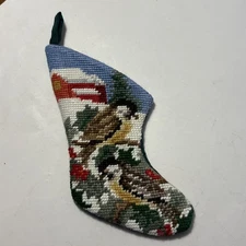 Needlepoint Mini Christmas Stocking Ornament Tapestry Birds Holly Vintage