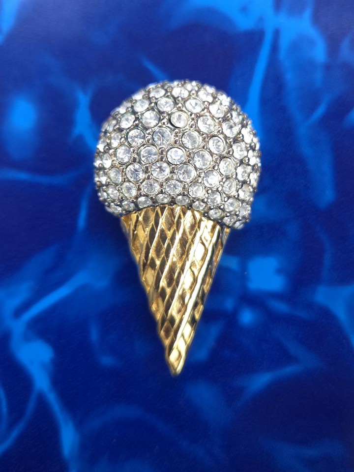 A rhinestone ice cream cone brooch from the 70s/80s — kitschy, charming, and impossible not to smile at.