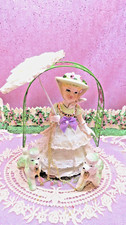 Vtg INARCO Shopper To Market Girl W POODLES LACE UMBRELLA LACE SKIRT BONNET HAT